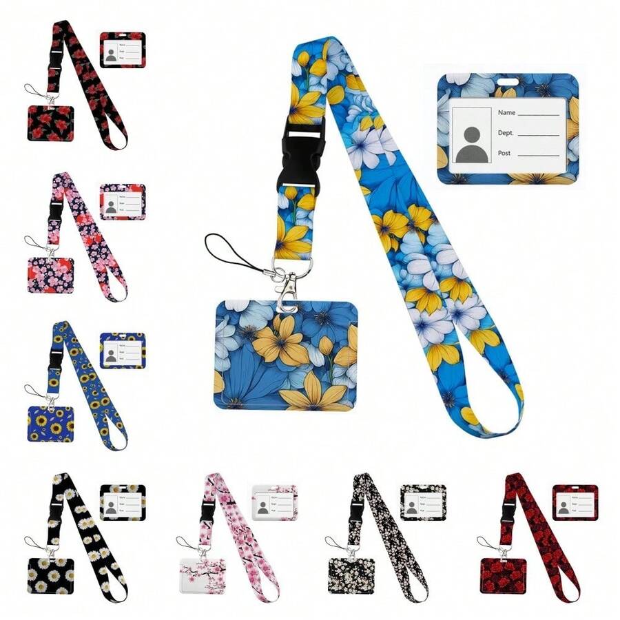 Flower Design Lanyard Business Credit Horizontal Card Holder Neck Strap Keychain Hang Rope ID Badge Holder Lariat Lasso Halloween Accessories Teachers Day Christmas Gift Ideas Bag Charms Car Friend Sister