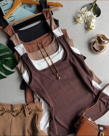 Kit Of 3 Women's Tank Tops, Summer, Suplex, Double Lining, Basic, Plain - 棕色和黑色葡萄酒 - 查看 2