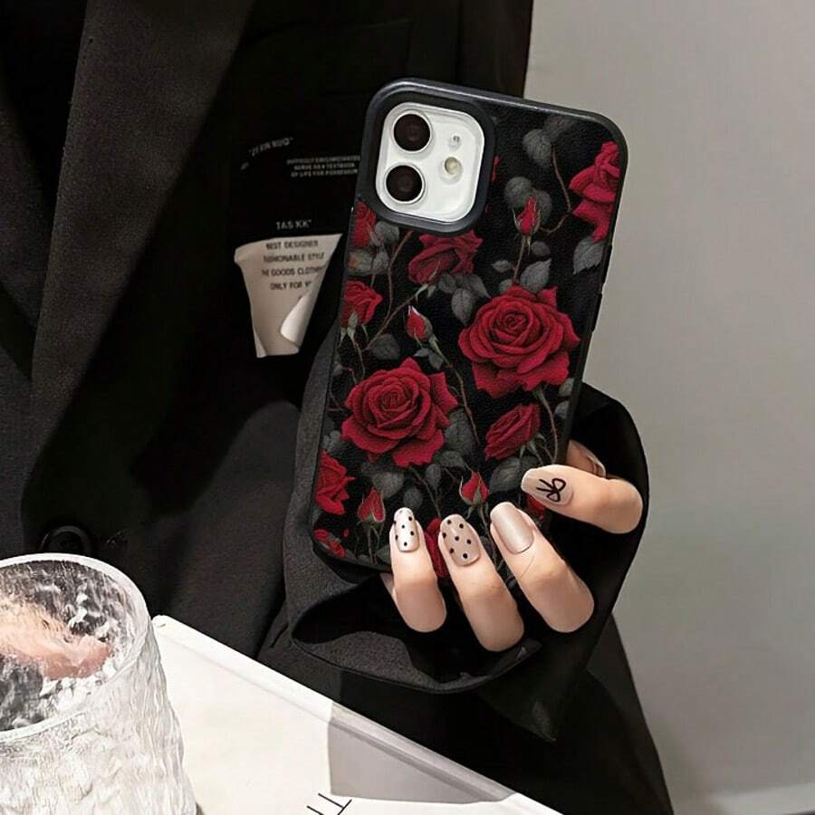 1 pieza Funda de teléfono con patrón de rosa roja elegante de material TPU compatible con iPhone/teléfonos - Negro - Ver 1