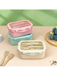 1pc Lunch Box With Two Compartments, Built-In Cutlery Set, Reusable And Microwave Heated (With Lid Removed), Suitable For Kitchen, Outdoor, School Supplies, And Kitchen Utensils