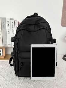 时尚女士背包，多隔层口袋设计，加厚耐用，学生背包，多功能背包，休闲背包，大容量旅行背包 - 黑色 - 查看 4