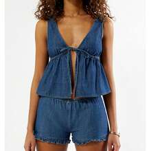 Women's 2 Piece Denim Outfits Deep V Neck Tie Front Sleeveless Tank Tops Elastic Waist Ruffle Hem Shorts Y2k Two Piece Jeans Set Summer Vacation Outfits - 藍色 - 查看 2