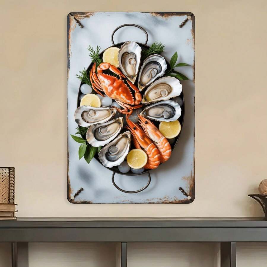 1pcs Seafood Oyster Shrimp Crab  Tin Sign Vintage Seafood Platter Metal Sign Print Suitable For Room Bathroom Cave Bar Cafe Garage Garden And Outdoor Decoration 8X12 Inch - Rust Brown - View 1