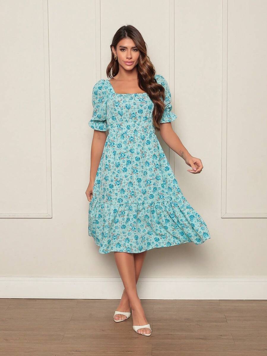 Women's Dress | Crepe With Elastec L Flower L Off The Shoulder. - 藍色 - 查看 1