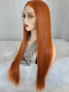 Parrucca frontale in pizzo elegante da 24 pollici di colore arancione sporco, parrucca frontale in pizzo sintetico con attaccatura dei capelli pre-sfoltita, fibra di capelli resistente al calore, parrucca liscia e setosa per donne, cosplay, feste, uso quotidiano - Multicolore - Visualizzare 8