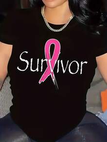 Women's Breast Cancer Survivor Pink Ribbon Awareness Month Oversized T-Shirt, Crew Neck Short Sleeve Casual T-Shirt, 100% Cotton Fabric, Regular Length, Hand Washable, Suitable For All Seasons. - 黑色 - 查看 1