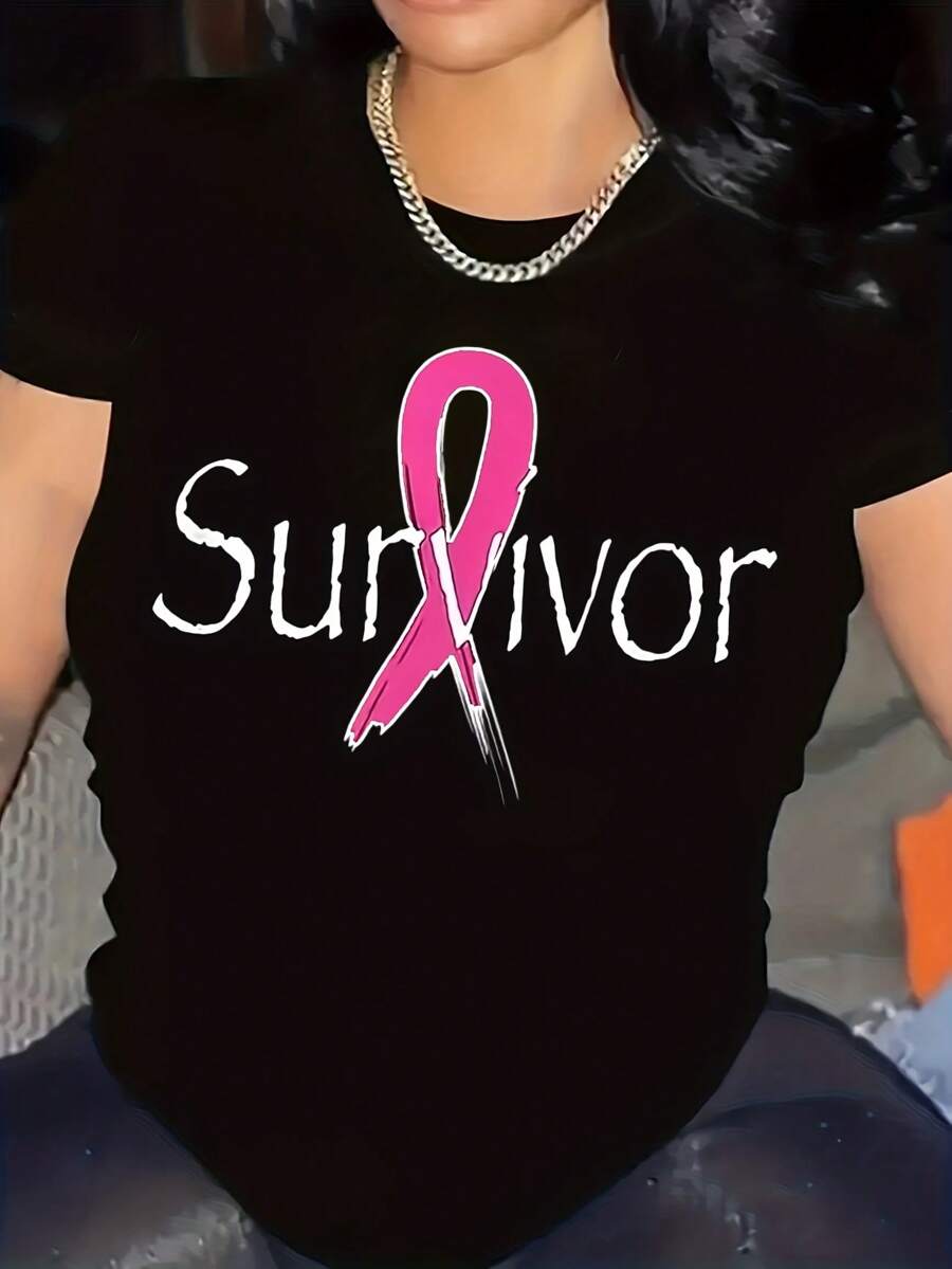 Women's Breast Cancer Survivor Pink Ribbon Awareness Month Oversized T-Shirt, Crew Neck Short Sleeve Casual T-Shirt, 100% Cotton Fabric, Regular Length, Hand Washable, Suitable For All Seasons. - 黑色 - 查看 1