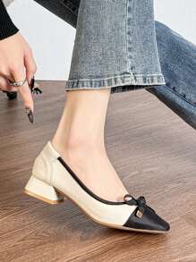 HanDuEke Women's Chunky Heel Bow Slip-On Square Toe Comfortable Elegant Pumps, Color Blocking Work Shoes, Plus Size