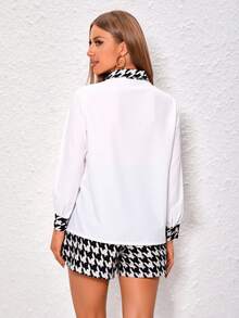 Conjunto 2 piset camisa manga larga puño cuello cuadros botones short pretina elástica a tono elegante diario trabajo fiesta evento día noche primavera verano formal diario - Blanco y Negro - Ver 3