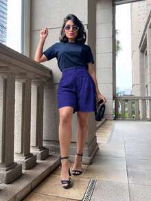 Basic Women's Bermuda Shorts With Marrant Fabric Buttons - Navy Blue - View 2