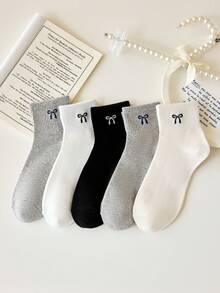 5 Pairs Women's Cute Breathable Bow Decor Ankle Socks, Invisible Liner Socks, Fashionable Ins Style Socks, White And Black, Suitable For Casual Daily Wear, All Seasons - Multicolor - View 4