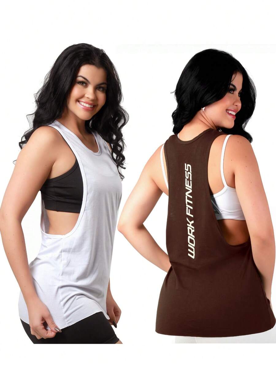 Work Fitness Kit 2 Women's Long Sleeve Tank Top Gym - 白色和深棕色 - 查看 1