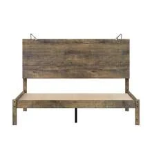 Farmhouse Bedroom Set 3-Piece Platform Bed With Built-In Bedside Lights And 2-Drawer Nightstand Antique Walnut