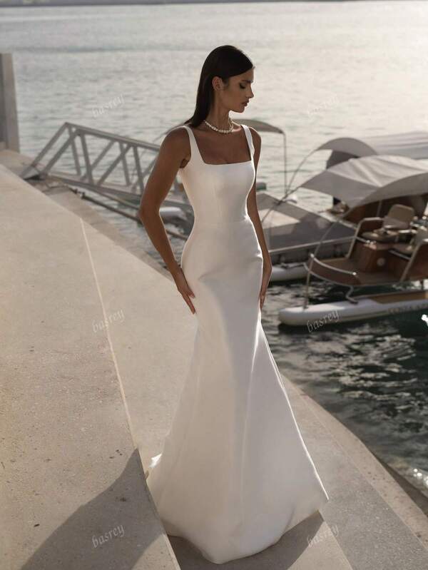 Basrey Weißes Kleid mit Kragen, Trägerhemd, hochgeschnittene Taille, schlanke Passform, rückenfreier Brautjungfernkleid Abendkleid mit Meerjungfraurock, lang. Geeignet für Hochzeit, Junggesellinnenabschied, Urlaub, Abschlussball, Braut, weißes Kleid