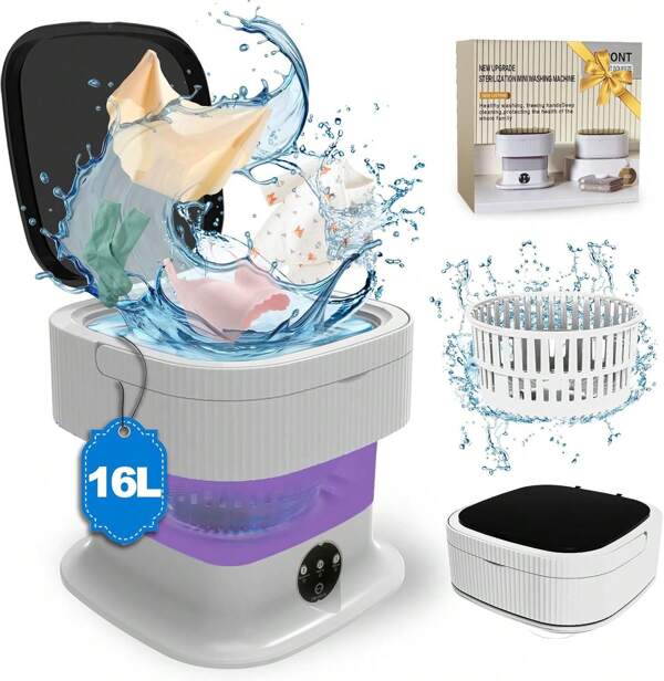 Portable Mini Washing Machine 16L – 60W Foldable Washer & Spin-Dryer For Baby Clothes, Underwear, Socks. Compact, Lightweight, Ideal For Dorm, RV, Camping, Apartment – Purple