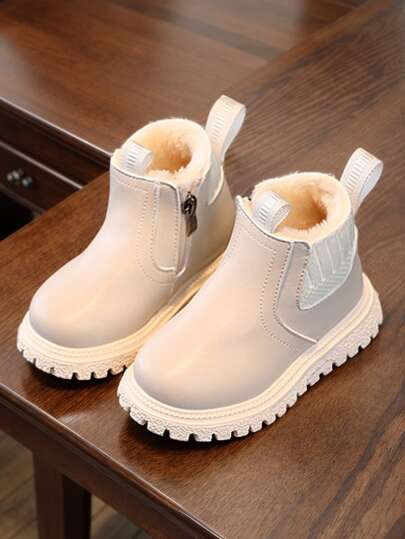 1 Pair Fashion Solid Color Autumn/Winter Children Boots, Girls' Daily Casual Fleece Boots, Unisex Boys' Pull-On Warm Short Boots, Suitable For Autumn/Winter Outdoor (Size Runs Small)