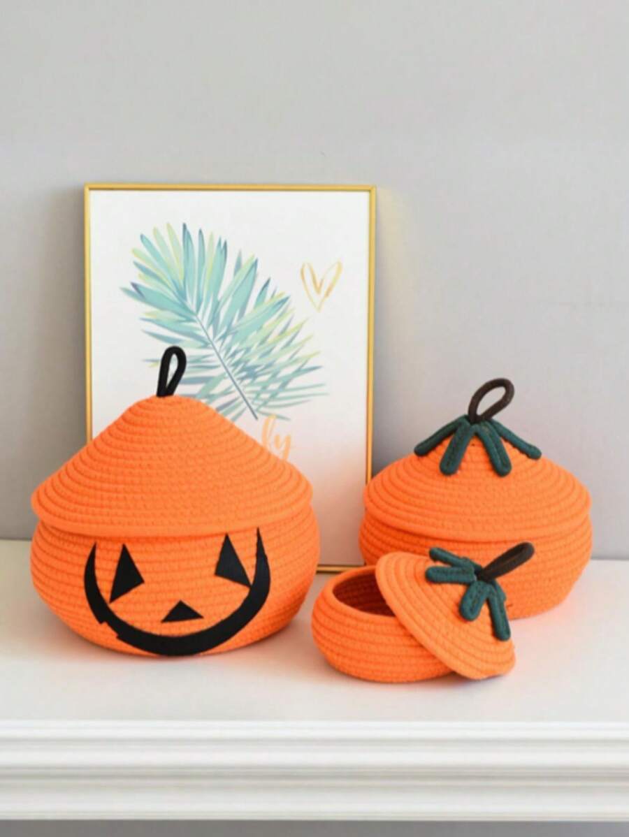 Halloween Home Pumpkin With Lid Woven Creative Storage Basket Living Room Desktop Coffee Table Sundry Storage Box Snack Storage Box With Lid Pumpkin Storage Basket, Fall Decor