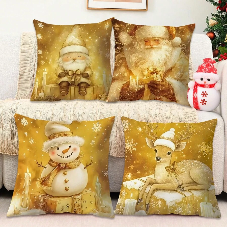 4 piezas Fundas de almohada con patrones de árbol de Navidad, muñeco de nieve y ciervos en dorado, diseño contemporáneo de tela suave de poliéster, adecuado para decoración de granja, vacaciones, sofá, sala de estar, decoración del hogar y regalos de Navidad