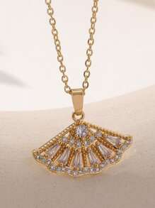 1 件全镶水钻女士项链吊坠，采用长方形和圆形方晶锆石设计，不锈钢链条，优雅扇形奢华吊坠项链，适合日常佩戴、派对，也可作为送给女友的礼物