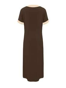 Women's Elegant Colorblock Short Sleeve Button Front Dress, Suitable For Commute/Work/Vacation, Spring/Summer - Coffee Brown - View 4