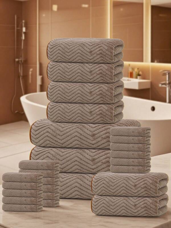 26pcs Set [17pcs Handkerchiefs + 6pcs Towels + 3pcs Bath Towels] Solid Color & Printed Coral Fleece Textured Bathroom Ensemble, Soft & Skin-Friendly, Absorbent & Quick-Drying, Suitable For Bathing, Face Washing, Sports, Travel, Surfing, Sweat Wiping And Other Occasions