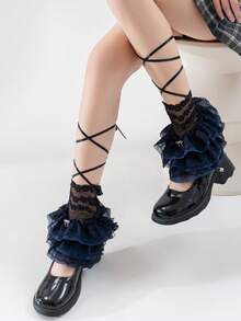 1 par de calentadores de piernas con lazo de encaje para mujeres, diseño de lazo de cinta de unicolor, versátil, para primavera/verano Y2K - Unitalla - Ver 11