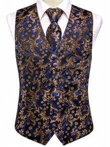 Mens Waistcoat Navy Blue & Brown Vest Tie Hankie Cufflinks Set Tuxedo Gilet Wedding Formal Casual Office - 霧霾藍 - 查看 3