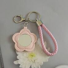 Porte-clés miroir de poche en forme de fleur, miroir de maquillage portable rouge à lèvres, pendentif de sac mignon en PU créatif