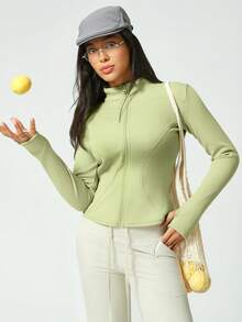 1pc Slim Fit Solid Color Stand Collar Zipper Stretchy Long Sleeve Thermal Lined Fitness Running Exercise Jacket For Women