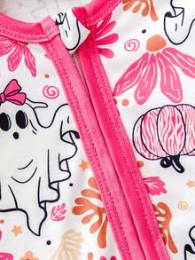 1pc Baby Girls' Halloween Pumpkin & Ghost Print Funny Design Contrast Color Zipper Romper, Long Sleeve, Fit For 0-9 Months Infants, Holiday Cute Outfit