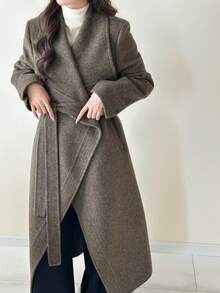 Classic Ribbed Trench Coat, Women's Large Lapel Double-Faced Wool Overcoat With Belt, Autumn Winter Casual. - Gray Green - View 2