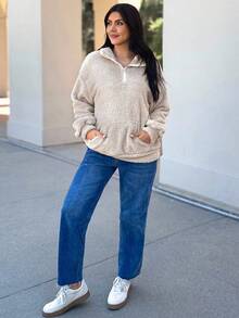 EMERY ROSE 半拉链口袋落肩泰迪熊运动衫，长袖上衣 - 杏色 - 查看 3