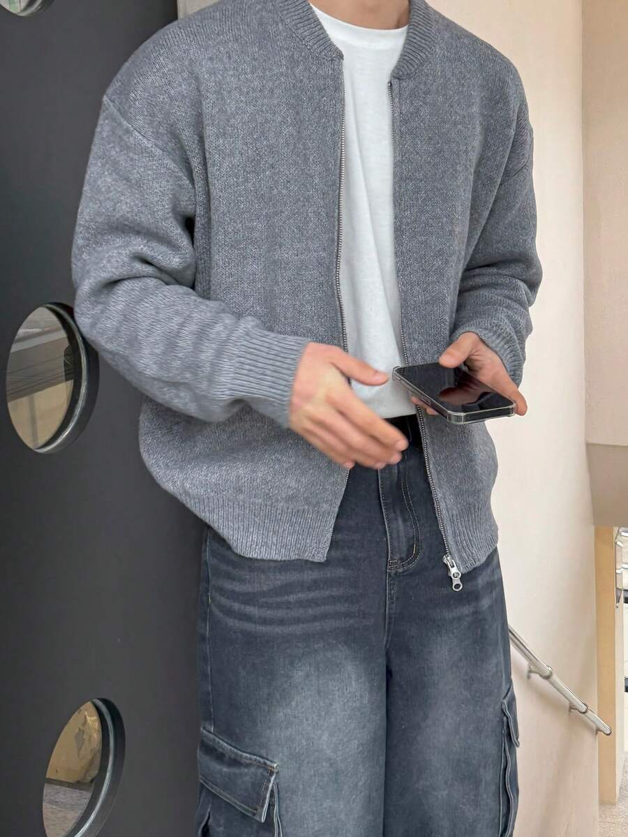 Men's Simple Solid Color Casual Loose Fit Long Sleeve Zip-Up Knit Cardigan Sweater, Suitable For Autumn/Winter