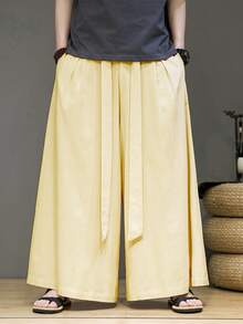 男士复古中国风棉质阔腿裤，宽松抽绳腰休闲瑜伽裤，适合春秋季，功夫剑术汉服裤 - 杏色 - 查看 4