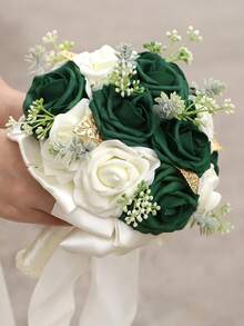 1pc Elegant Dark Green Rose Bouquet With Golden Leaves Satin Ribbon, Rustic Bridal Bouquet For Wedding, Bridesmaid, Garden Ceremony, Artificial PE Foam Rose Bouquet, Everlasting Flower PE1116D - 直徑17cm 高23cm - 查看 4