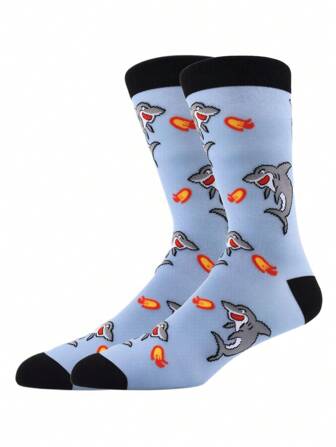 1 Pair Men's Creative Cartoon Shark Mid-Calf Socks, Novelty Interesting Pattern, Suitable For Students/Adults As Gifts And Daily Wear