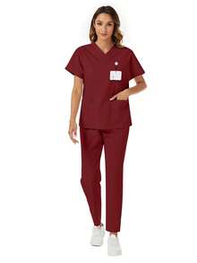 2 piezas Conjunto de ropa de estar en casa informal con top de manga corta con bolsillo y cuello en V, y pantalones, para primavera - Burdeos - Ver 5