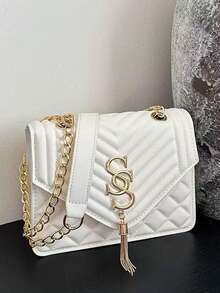 Seam Chain SS Jewelry Square Shoulder Bag Oblique Shoulder Bag - White - View 11
