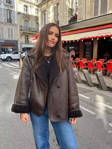 Chaqueta de invierno 2025 con forro de piel para mujer - Estilo callejero con solapa suelta con bolsillos y manga larga