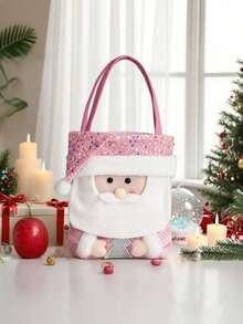 1pc/3pcs Pink Christmas Themed Gift Tote Bag With Festive Cartoon Design - Father Christmas, Snowman, Reindeer - Festive Apple Bags With Flap Closure For Festive Party Decorations, Perfect Christmas Gift Bags - Pink - View 7