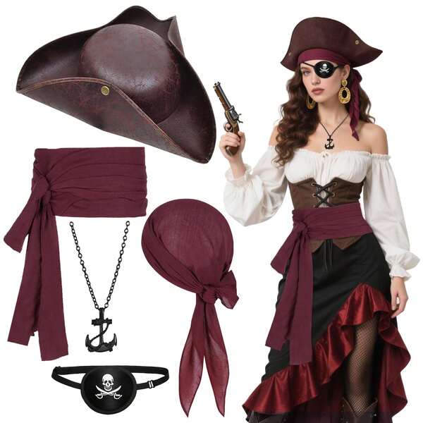 5PCS Pirate Costume Accessories For Adults – Hat Headscarf Sash Belt Eye Patch Anchor Necklace Fancy Dress For Halloween Pirate Role Play Party