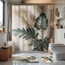 1/4 Stücke Gold & Grün Tropisches Blatt Thema Badezimmer Set, beinhaltet Duschvorhang, Badematte, U-förmige Toilettenmatte, Toilettendeckel-Abdeckung, wasserdichter Duschvorhang, modischer Vorhang für Badezimmerdekoration, moderner Stil Badezimmer Raumteiler Vorhang, ohne Bohren erforderlich, aus Polyester, maschinenwaschbar