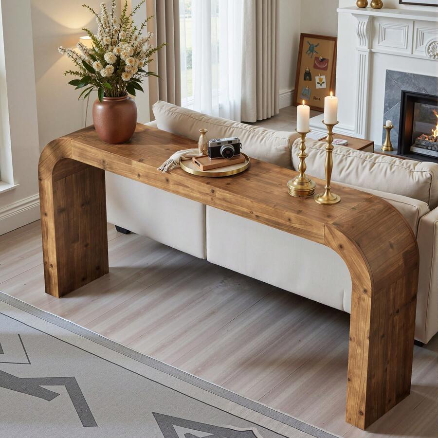 LITTLE TREE 70.87-Inch Solid Wood Console Table, Farmhouse Sofa Table With Curved Corners For Hallway, Living Room, Behind Couch, Entrance (Natural Wood) - Natural Brown - View 1