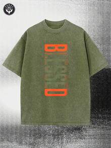 Washed, Wishing Olive  Sun Orange, Cool Retro Casual Fun Wearing Exquisite Letter Pattern T-Shirt, Men's Short Sleeved Printed T-Shirt, Square Neck Street Pure Cotton Short Sleeved T-Shirt, Fashionable T-Shirt, Holiday Gift - 軍綠色 - 查看 1