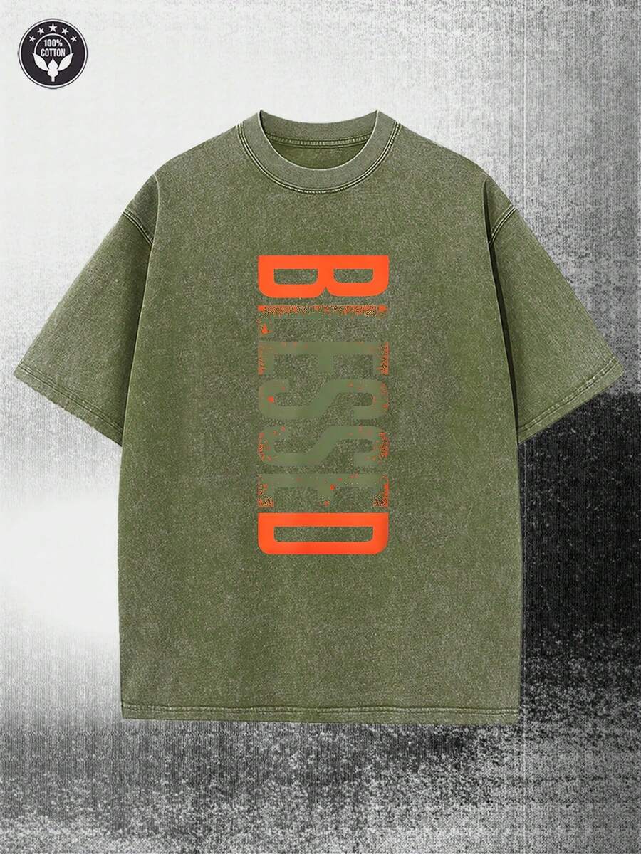Washed, Wishing Olive Sun Orange, Cool Retro Casual Fun Wearing Exquisite Letter Pattern T-Shirt, Men's Short Sleeved Printed T-Shirt, Square Neck Street Pure Cotton Short Sleeved T-Shirt, Fashionable T-Shirt, Holiday Gift - 軍綠色 - 查看 1