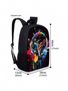 Gamepad Pattern Printed Backpack Three Pieces Set (Single-Layer Backpack + Shoulder Strap Round Lunch Bag + Single-Layer Pencil Bag) - Black - View 2