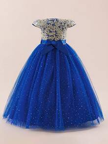 Vestido largo de princesa con bordado y malla para niñas preadolescentes, elegante vestido de gala con mangas abullonadas, adecuado para fiestas, diadema no incluida - azul real - Ver 4