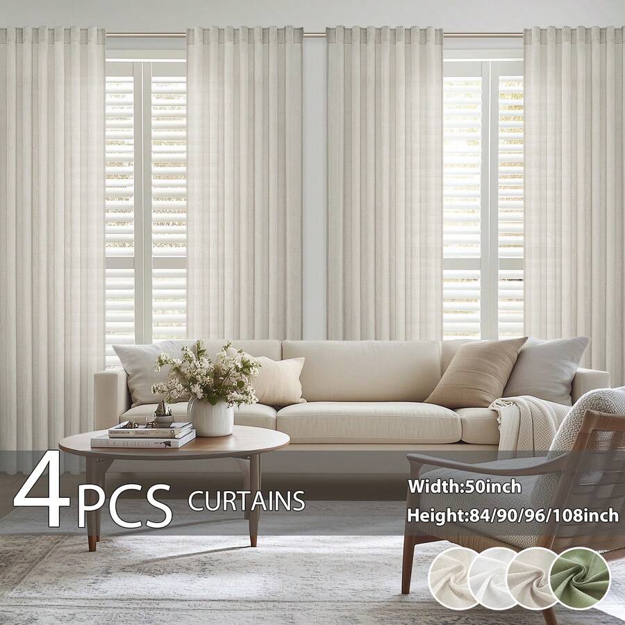 4 Panels Linen Semi Curtains For Living Room Bedroom Linen Blend Semi Sheer Drapes Window Curtains Home Decor - 米色 - 查看 1