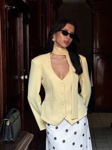 Solid Color Button V-Neck Ribbon Suit Jacket