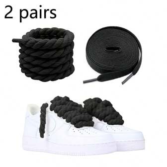 2 Pairs Thick Rope Shoelaces And Flat Shoelaces,Suitable For Casual Shoes And Sneakers